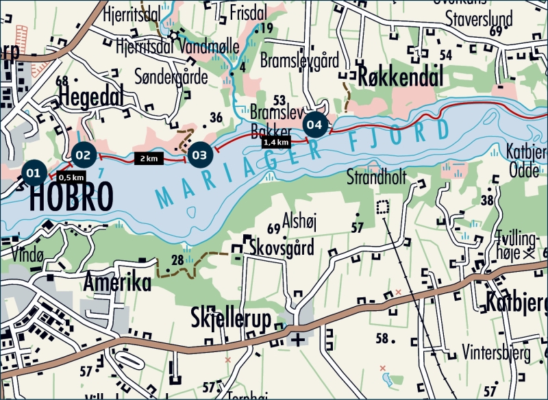 Kort for blå sti fra Hobro til Bramslev Bakker